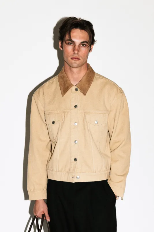 Runyon Suede Collar Denim Jacket  |  Tan sold by California Arts
