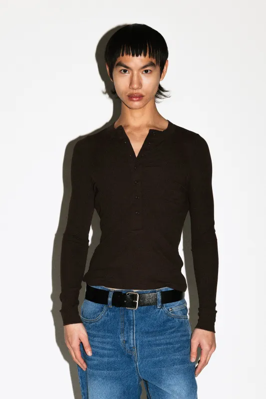 Murray Slim Long Sleeve Silk Henley  |  Chocolate Brown sold by California Arts