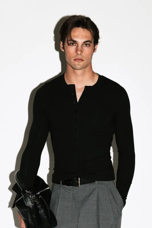 Murray Slim Long Sleeve Silk Henley  |  Black sold by California Arts