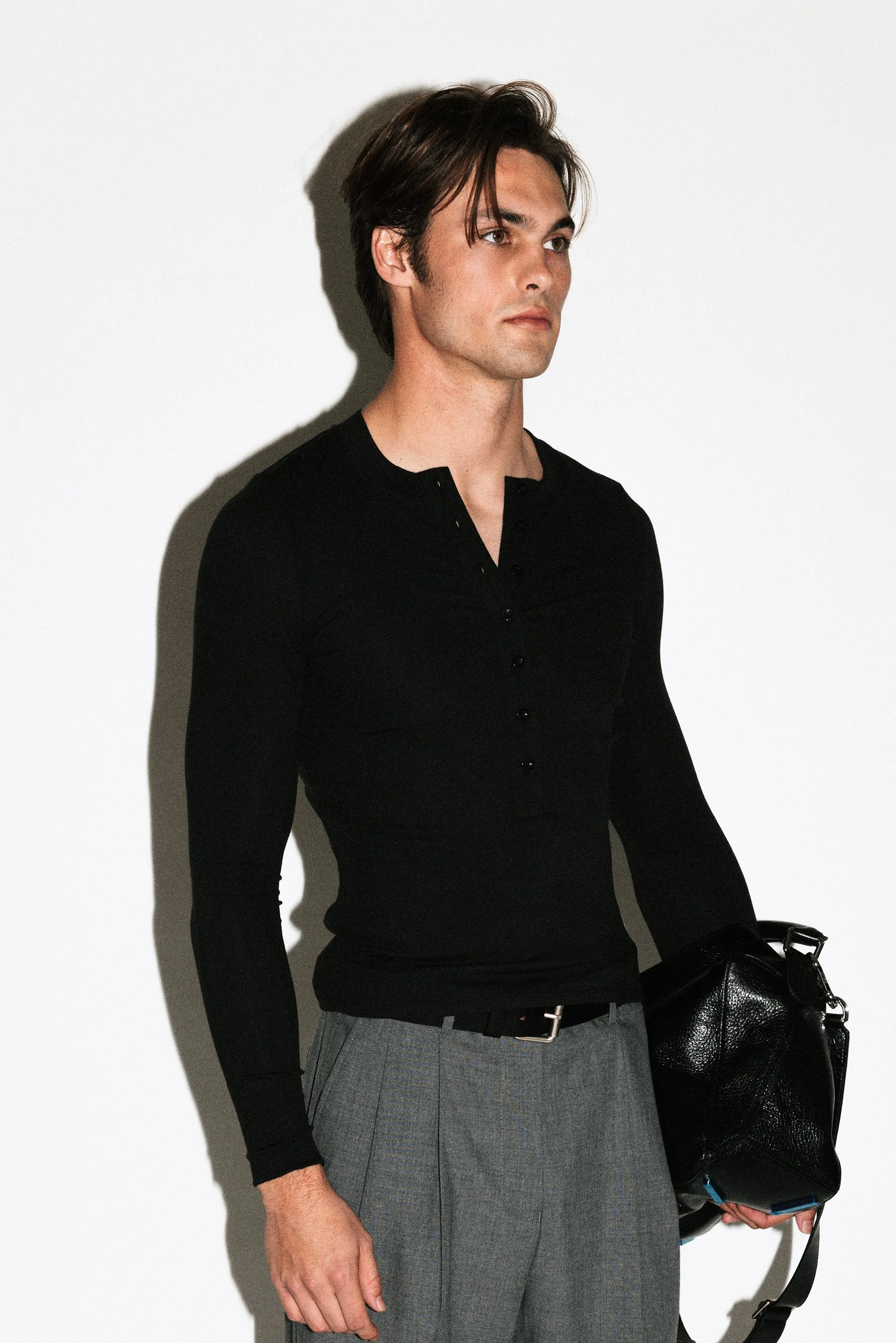 Murray Slim Long Sleeve Silk Henley | Black sold by California Arts product image thumbnail 2