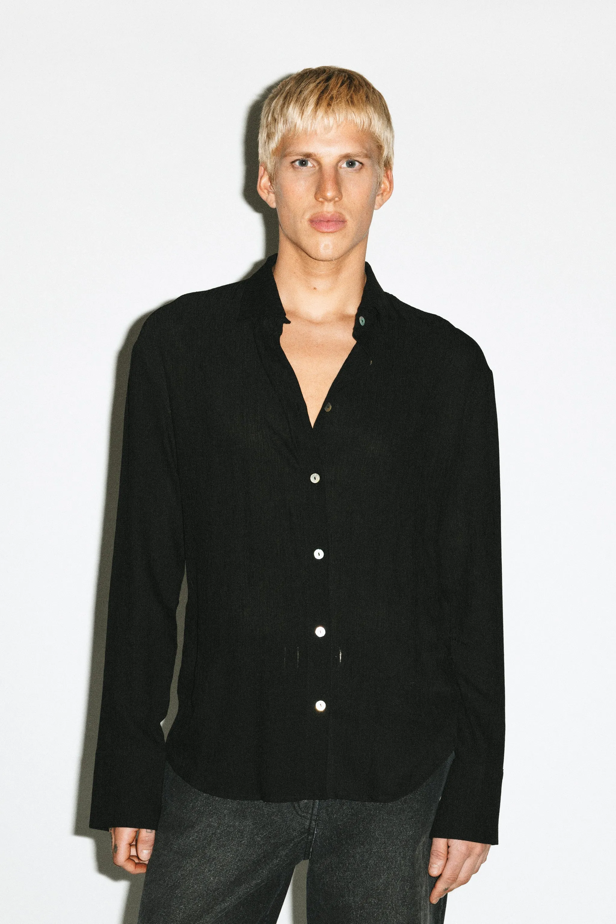 Del Aire Semi-Sheer Gauze Button Up | Black sold by California Arts