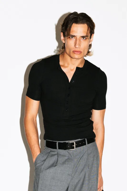 Maltman Slim Short Sleeve Silk Henley  |  Black sold by California Arts