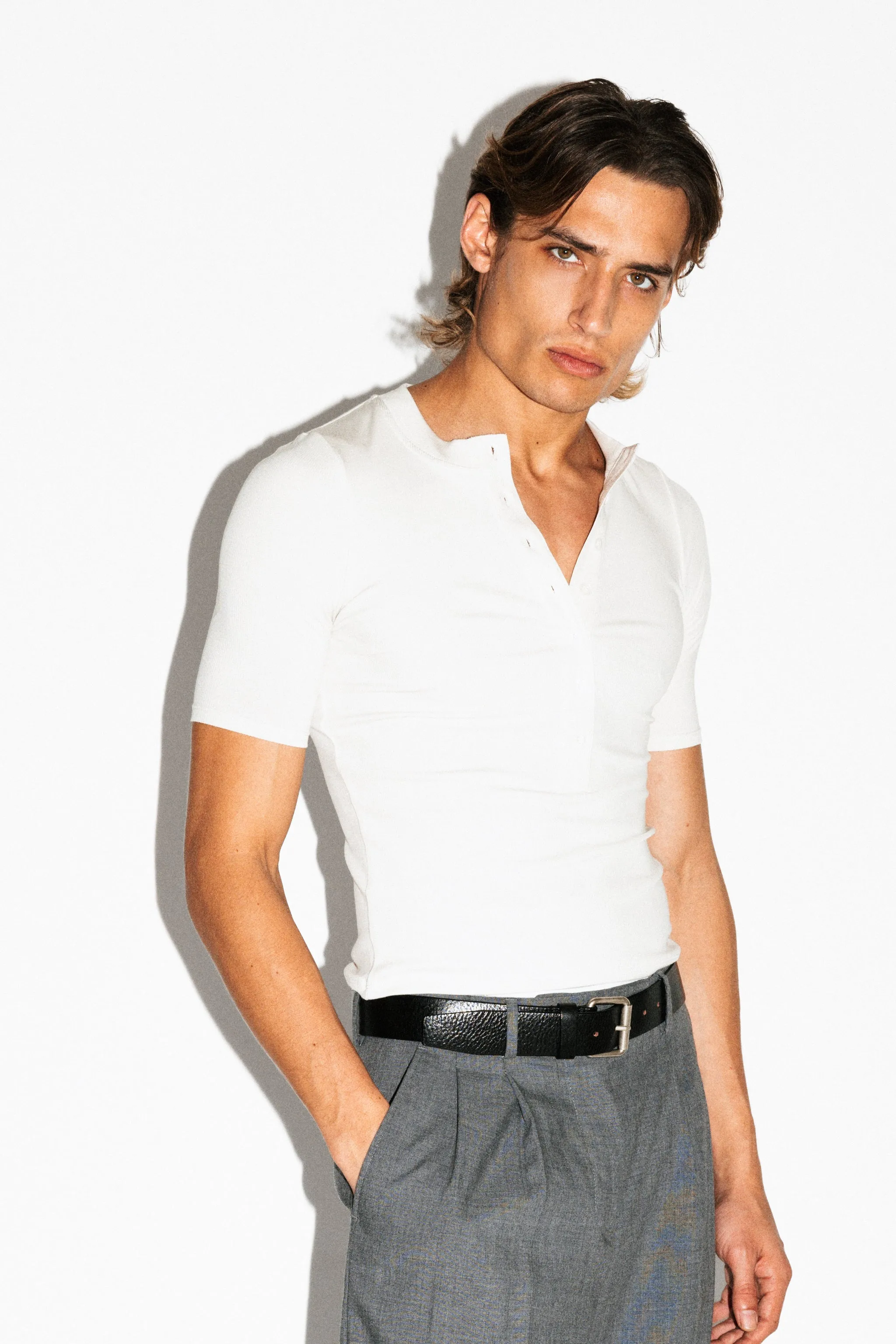 Maltman Slim Short Sleeve Silk Henley | Milk sold by California Arts product image thumbnail 2