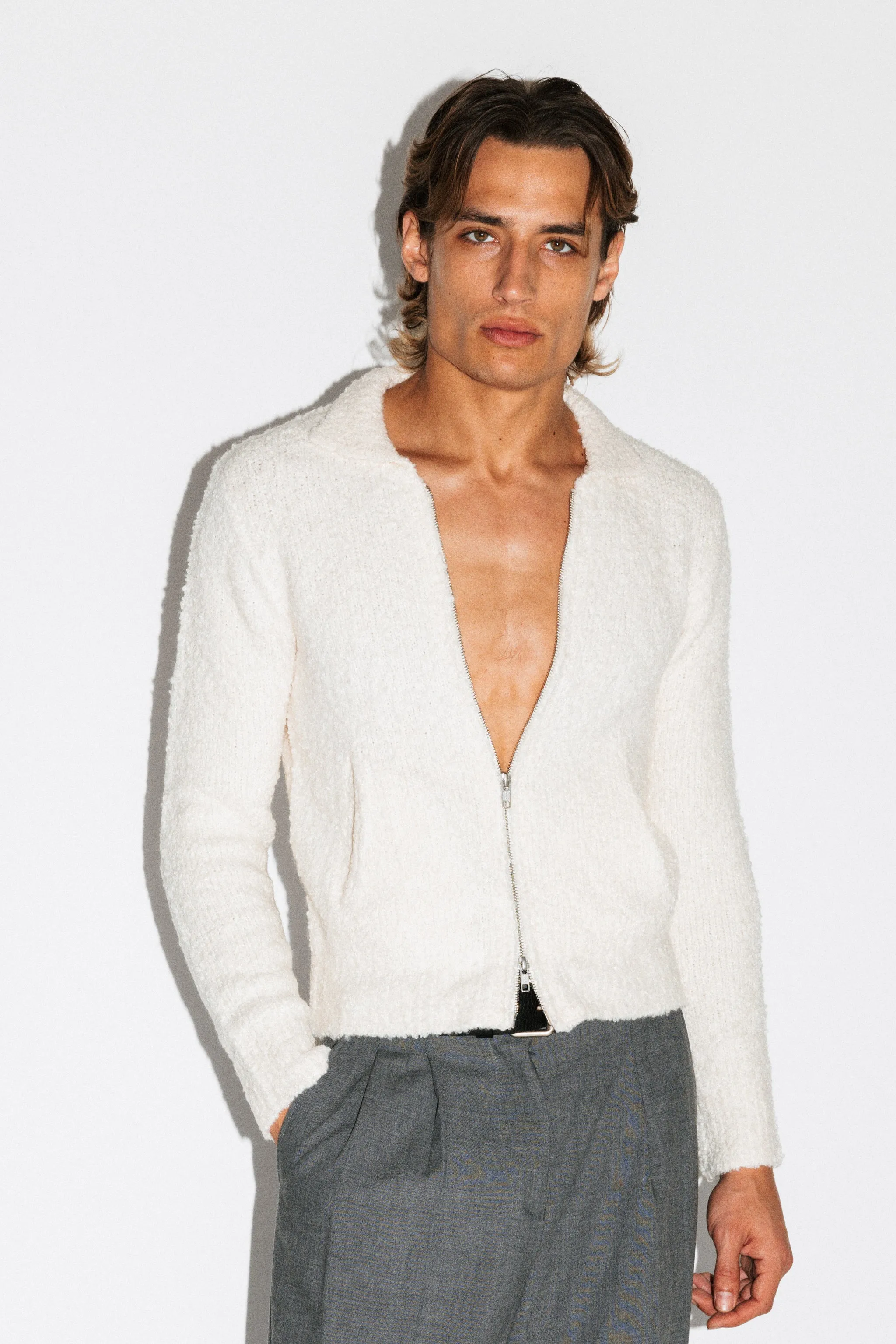 Hoover Textural Slim Zip Cardigan | Off-White sold by California Arts