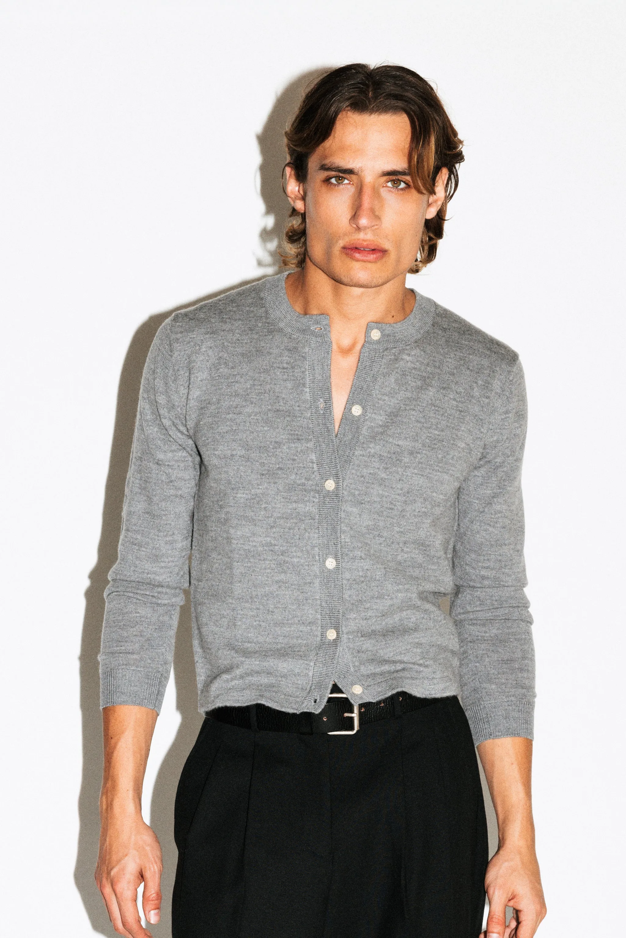 Almont Slim Crew Cardigan | Grey Melange sold by California Arts