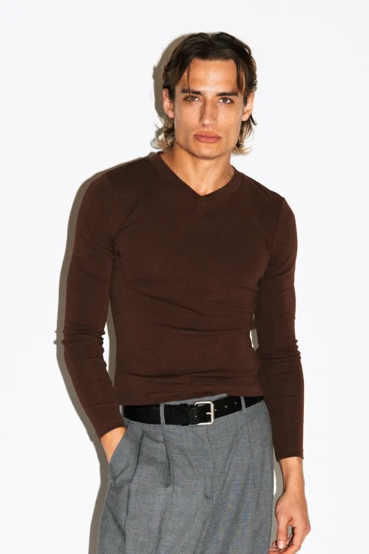Scott Slim Long Sleeve V-Neck Tee  |  Chocolate Brown sold by California Arts