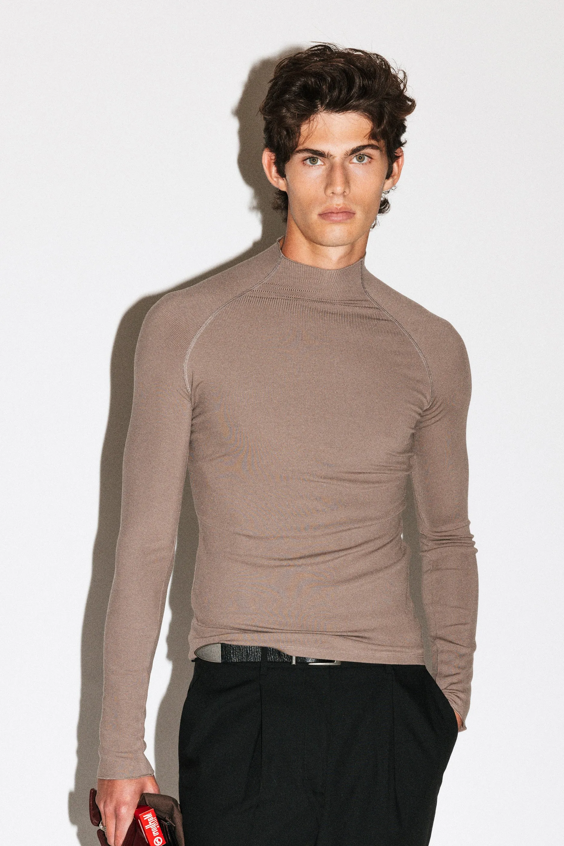 Lloyd Slim Silk Mockneck | Taupe sold by California Arts