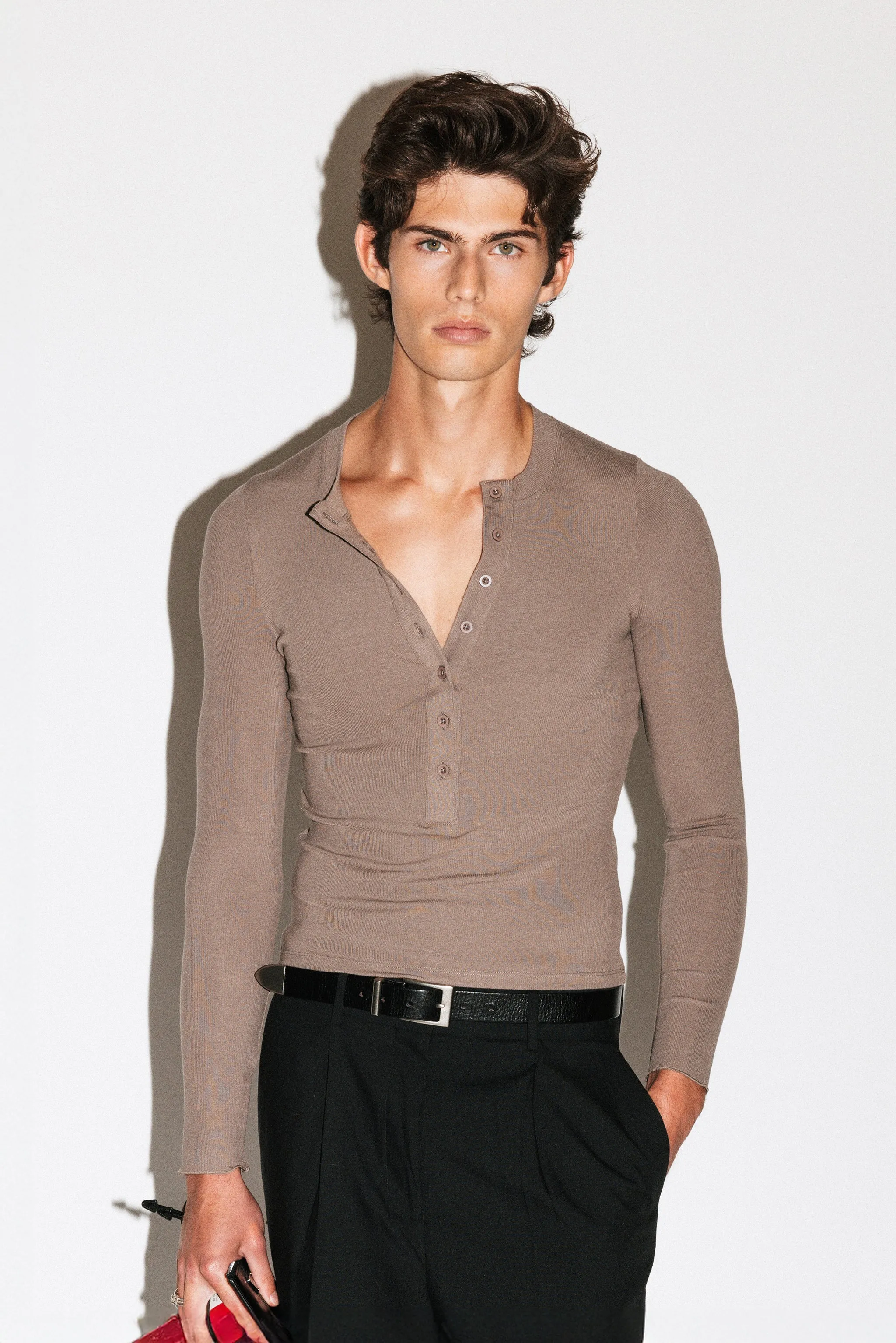 Murray Slim Long Sleeve Silk Henley | Taupe Brown sold by California Arts