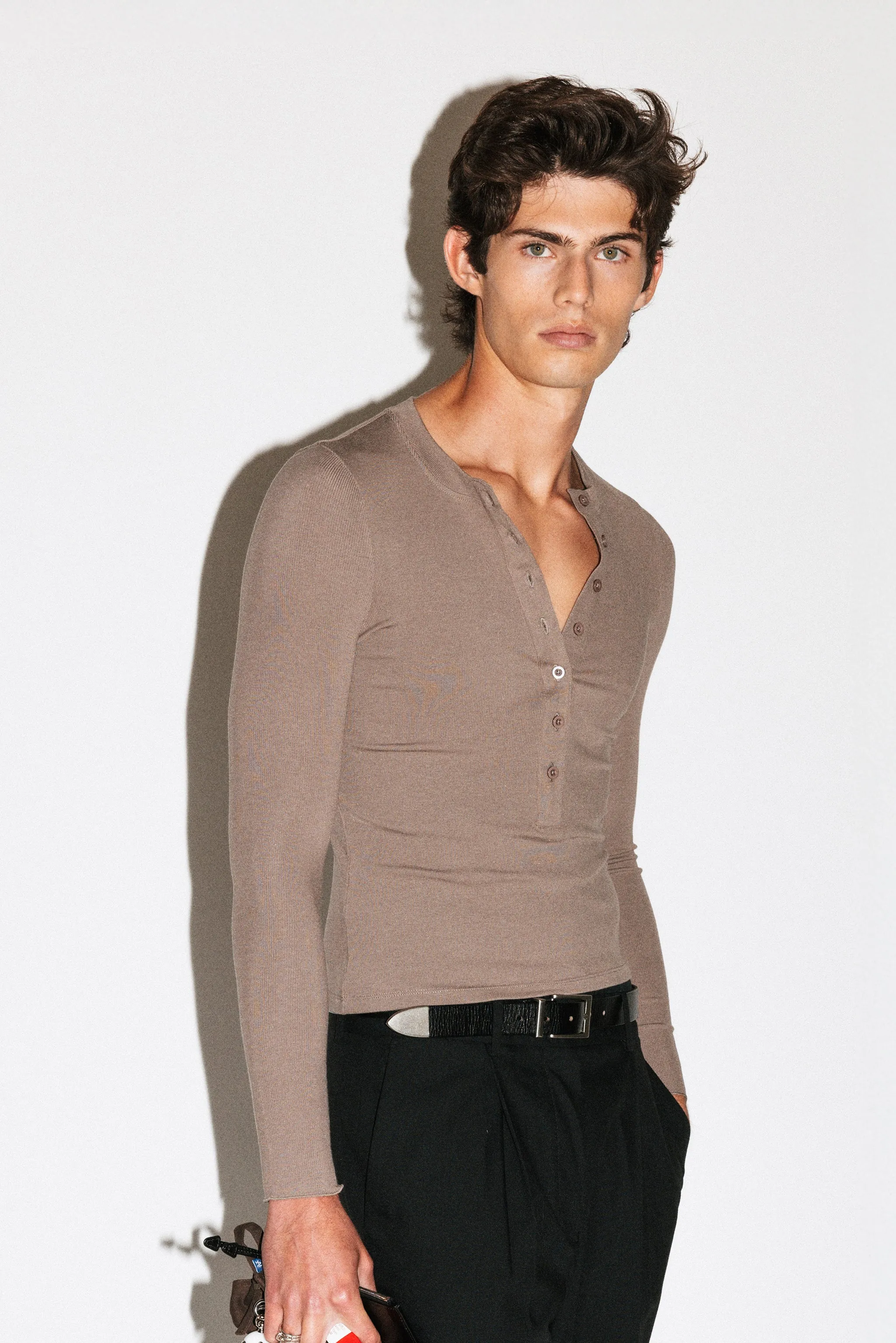 Murray Slim Long Sleeve Silk Henley | Taupe Brown sold by California Arts product image thumbnail 2