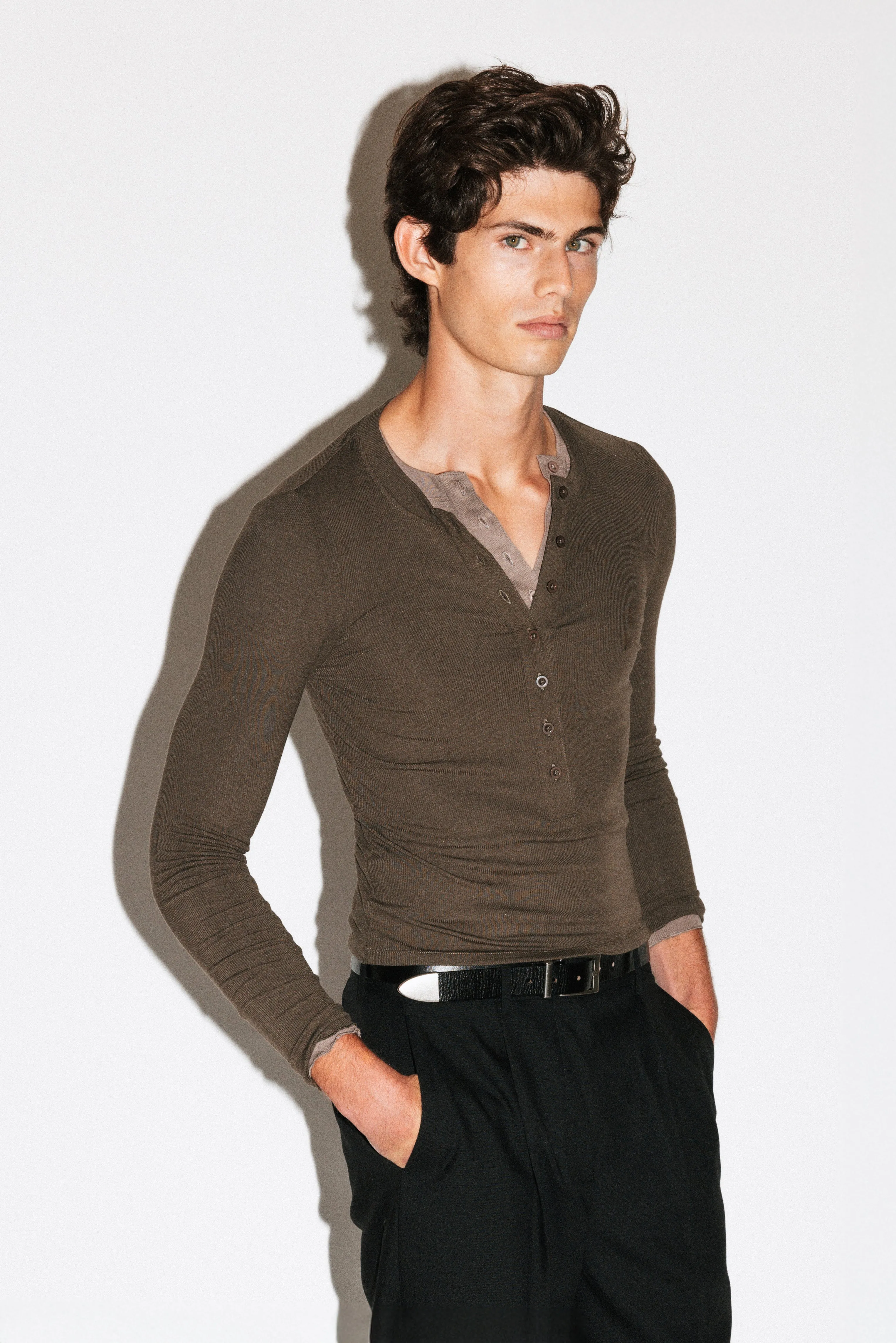 Murray Slim Long Sleeve Silk Henley | Olive sold by California Arts product image thumbnail 2