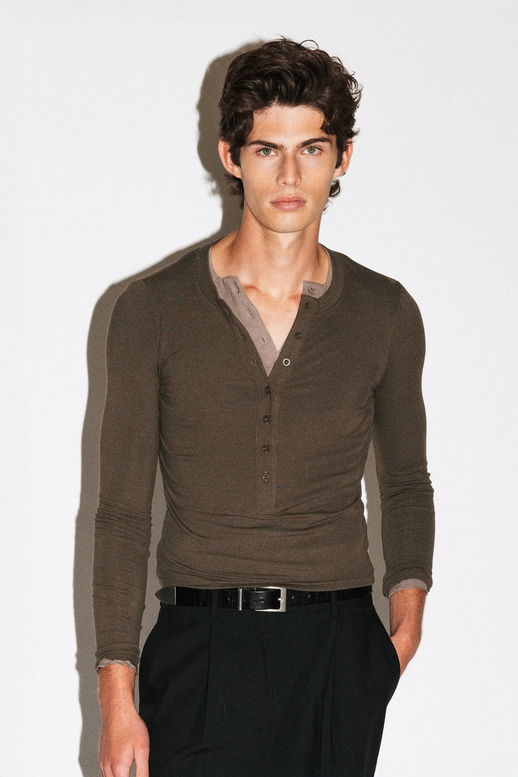 Murray Slim Long Sleeve Silk Henley | Olive sold by California Arts