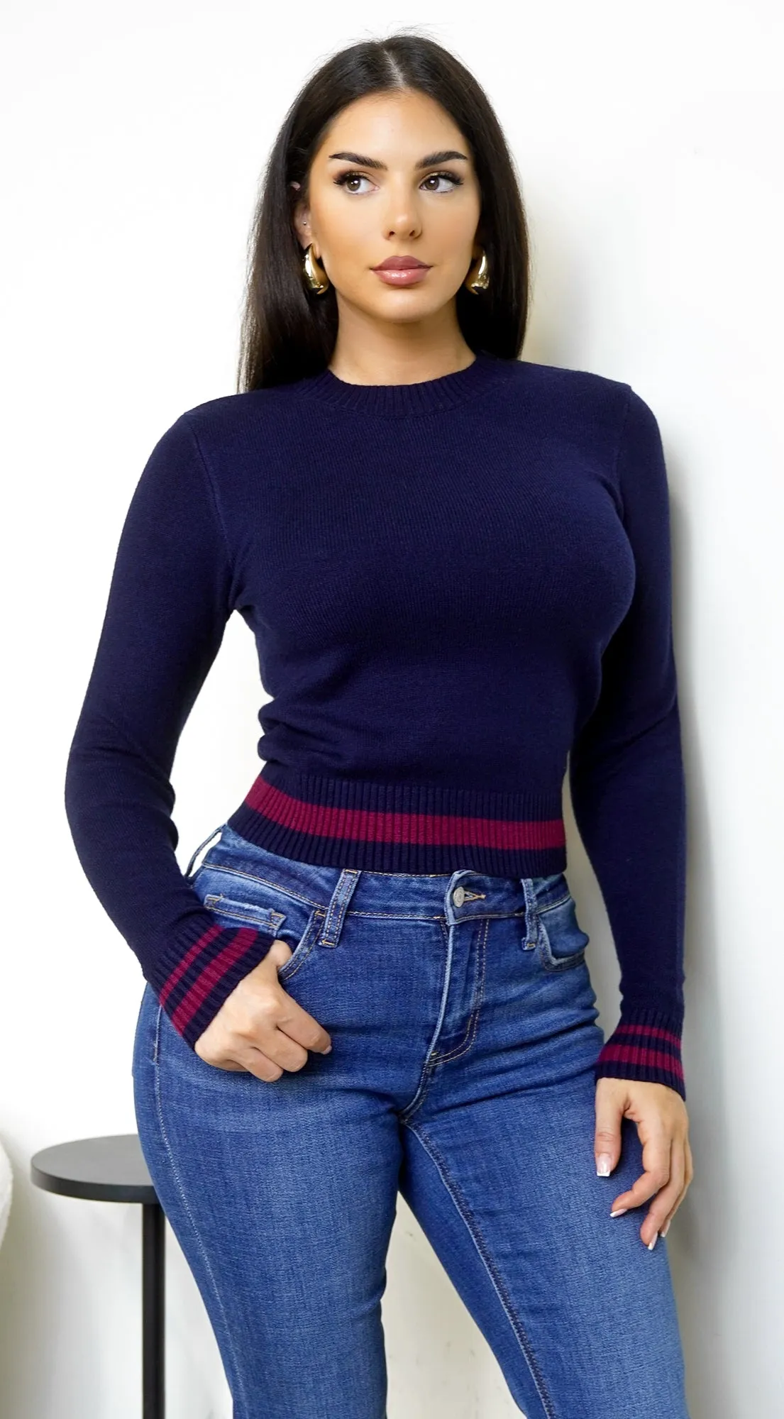 Academia Crew Sweater - Navy Burgundy sold by Emprada