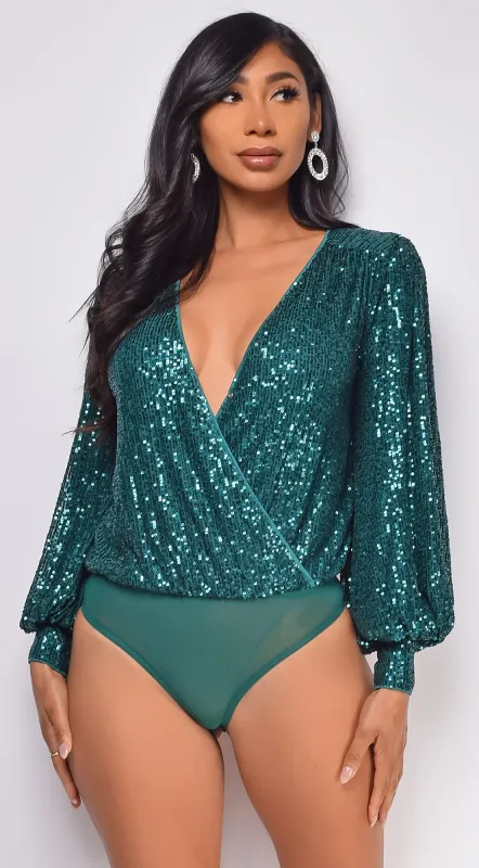 Devon Green Surplice Sequin Bodysuit sold by Emprada