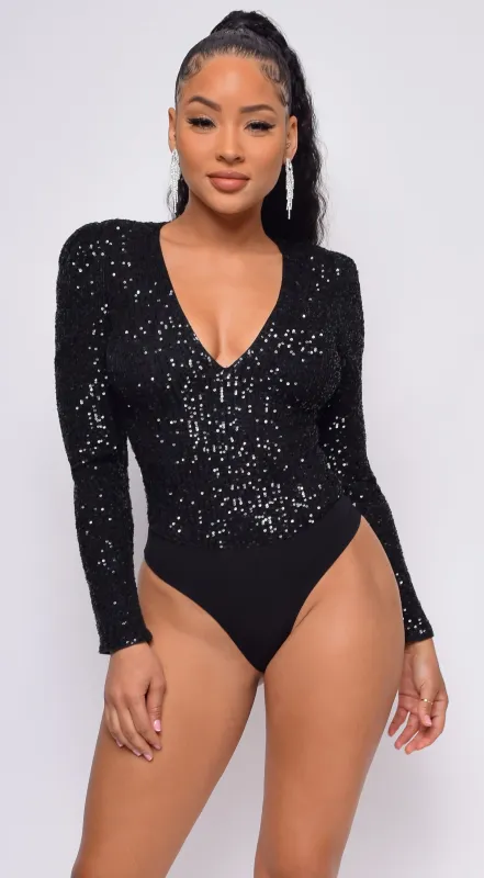 All Shine Black Long Sleeve Sequin Bodysuit sold by Emprada