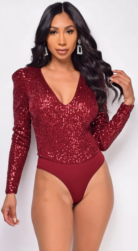 All Shine Red Sequin Bodysuit sold by Emprada