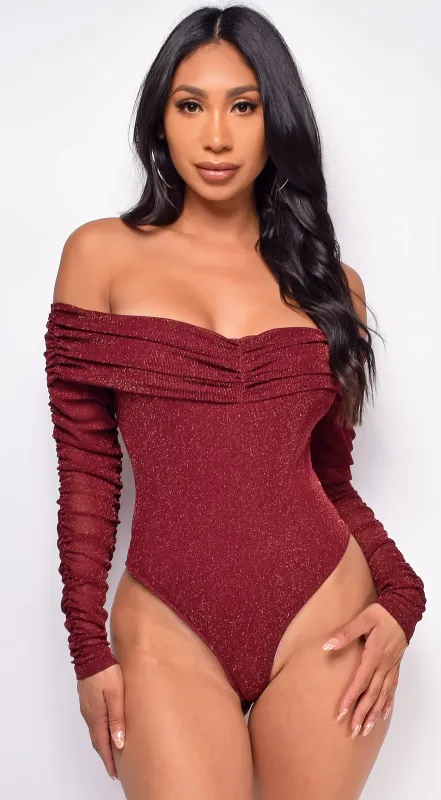 Alexandria Burgundy Red Sparkle Bodysuit sold by Emprada