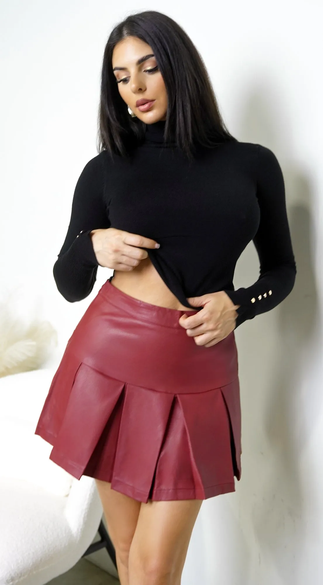 Nerix Pleated PU Leather Skirt - Brick Red sold by Emprada product image thumbnail 3