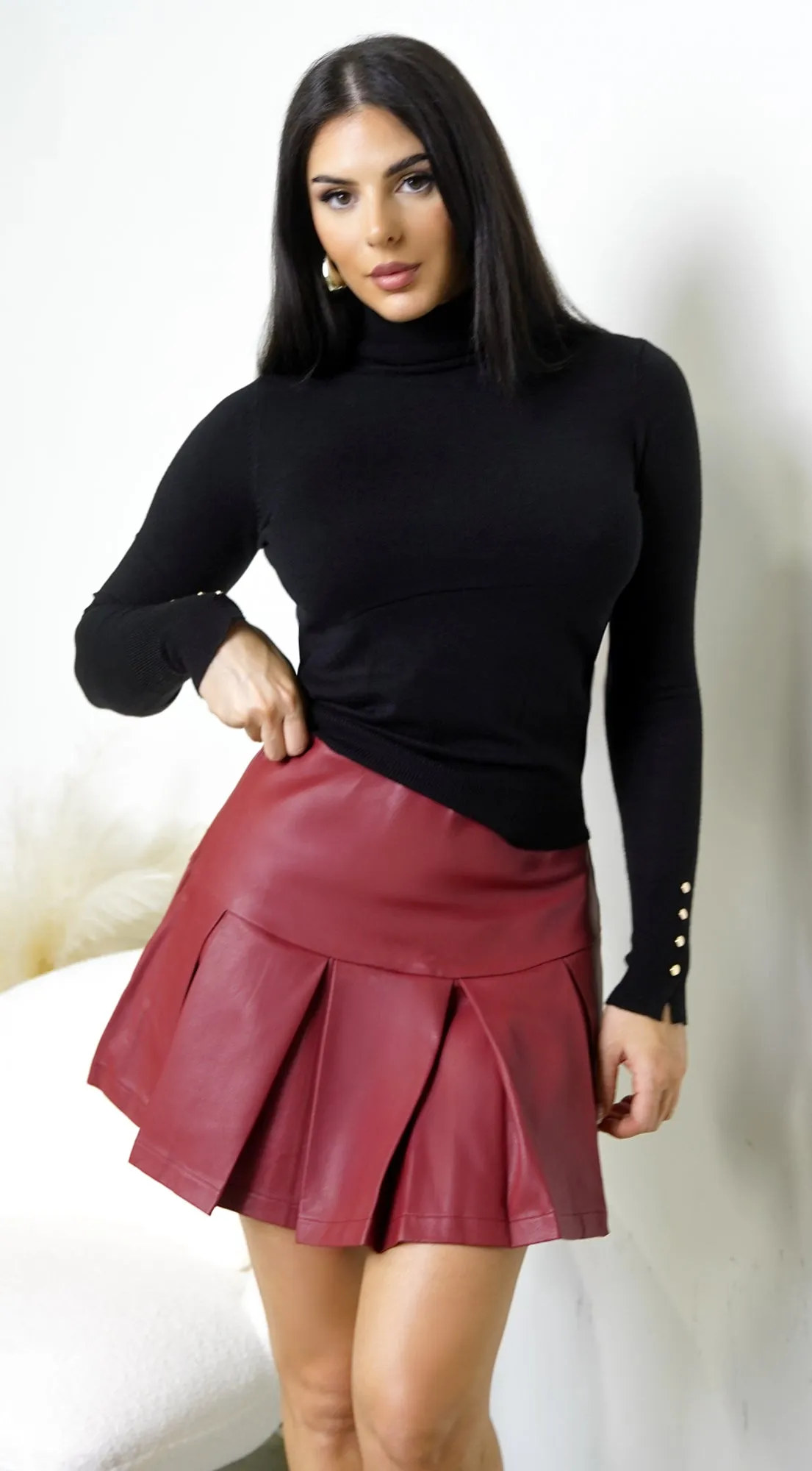 Nerix Pleated PU Leather Skirt - Brick Red sold by Emprada