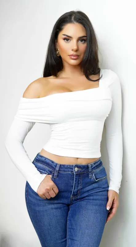 Harper Asymmetrical Off-Shoulder Top - Off White sold by Emprada