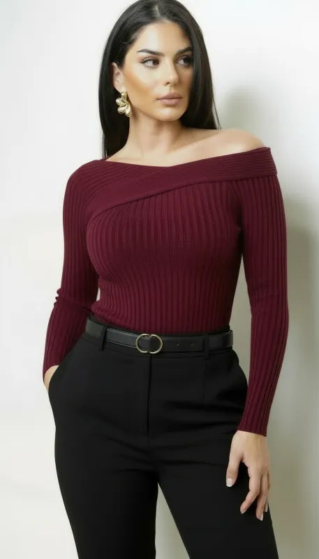 Avena Asym Rib Knit Top - Burgundy sold by Emprada