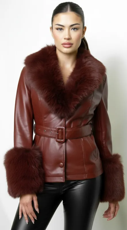 Anzhelina Faux Fur Leather Jacket - Brown sold by Emprada