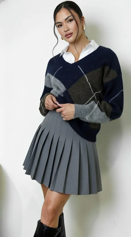 Noxley Argyle V Neck Long Sleeve Sweater - Navy sold by Emprada