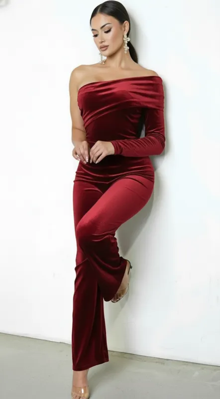 Nightfall One Shoulder Velvet Jumpsuit - Burgundy sold by Emprada