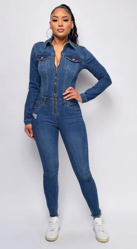 Levely Blue Denim Long Sleeve Jumpsuit sold by Emprada