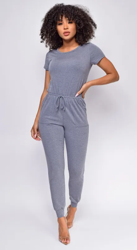 All Day Long Blue Gray Short Sleeve Drawstring Jogger Jumpsuit sold by Emprada