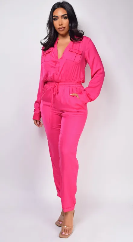 Tamara Fuchsia Pink Satin Jumpsuit sold by Emprada