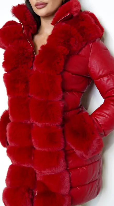 Glacier PU Puffer Fur Jacket - Red sold by Emprada