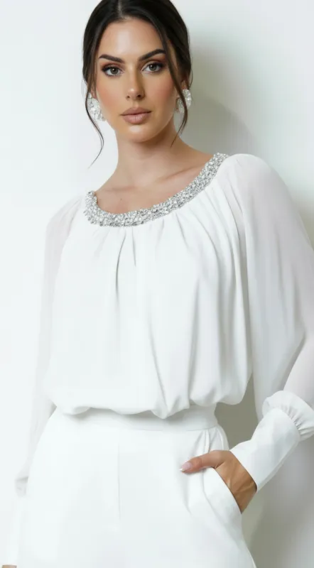 Halo Beaded Sheer Blouse - White sold by Emprada