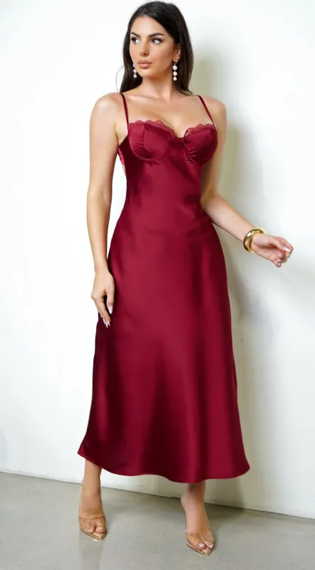 Civelle Satin Maxi Dress – Burgundy sold by Emprada