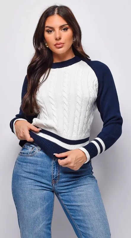 Tasha Color Block Long Cable Knit Long Sleeve Sweater Top - Cream sold by Emprada