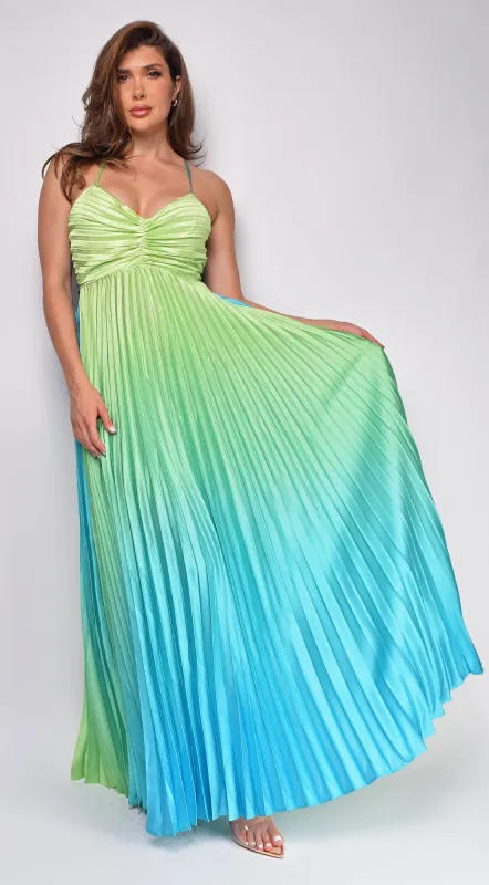Andora Blue Green Multi Color Pleated Ombre Maxi Dress sold by Emprada