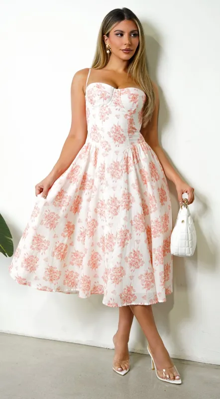 Knox Floral Flare Midi Dress - White Orange sold by Emprada