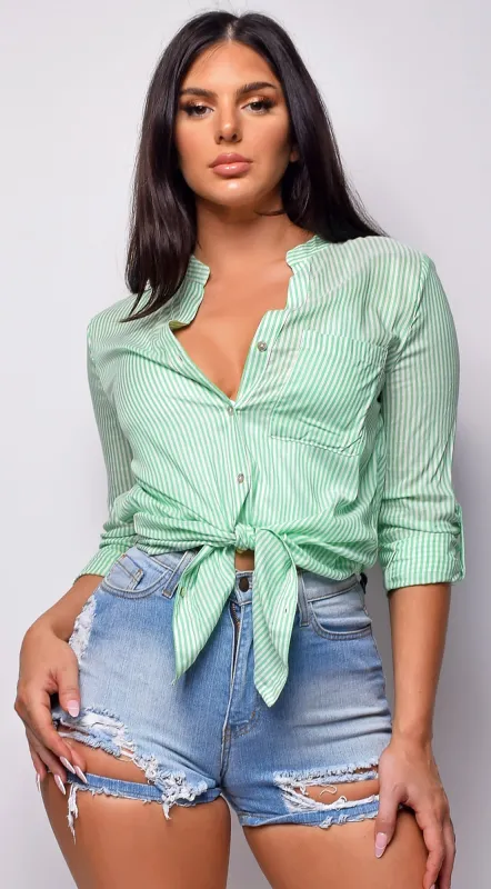 Imena Green Stripe Button Up Shirt Top sold by Emprada