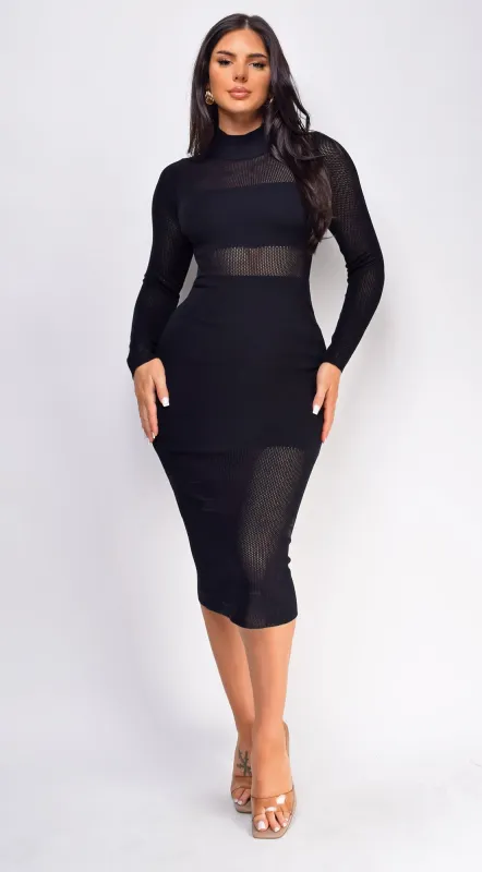 Taima High Neck Sheer Pointelle Midi Dress - Black sold by Emprada