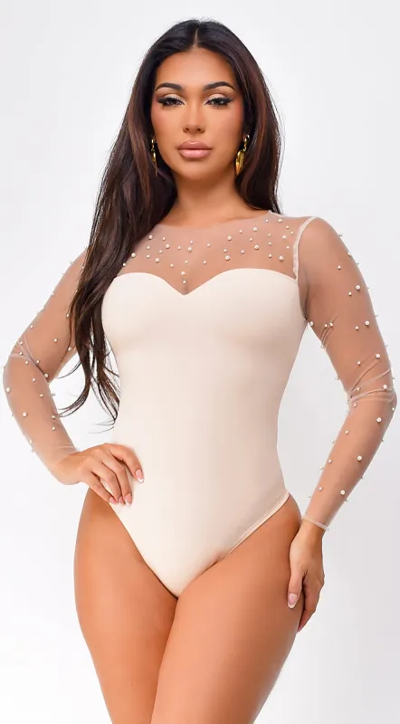 Reema Pearl Mesh Bodysuit - Beige sold by Emprada