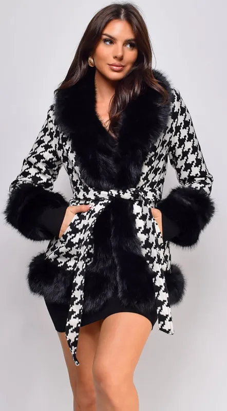 Korinna Houndstooth Faux Fur Coat - Black sold by Emprada