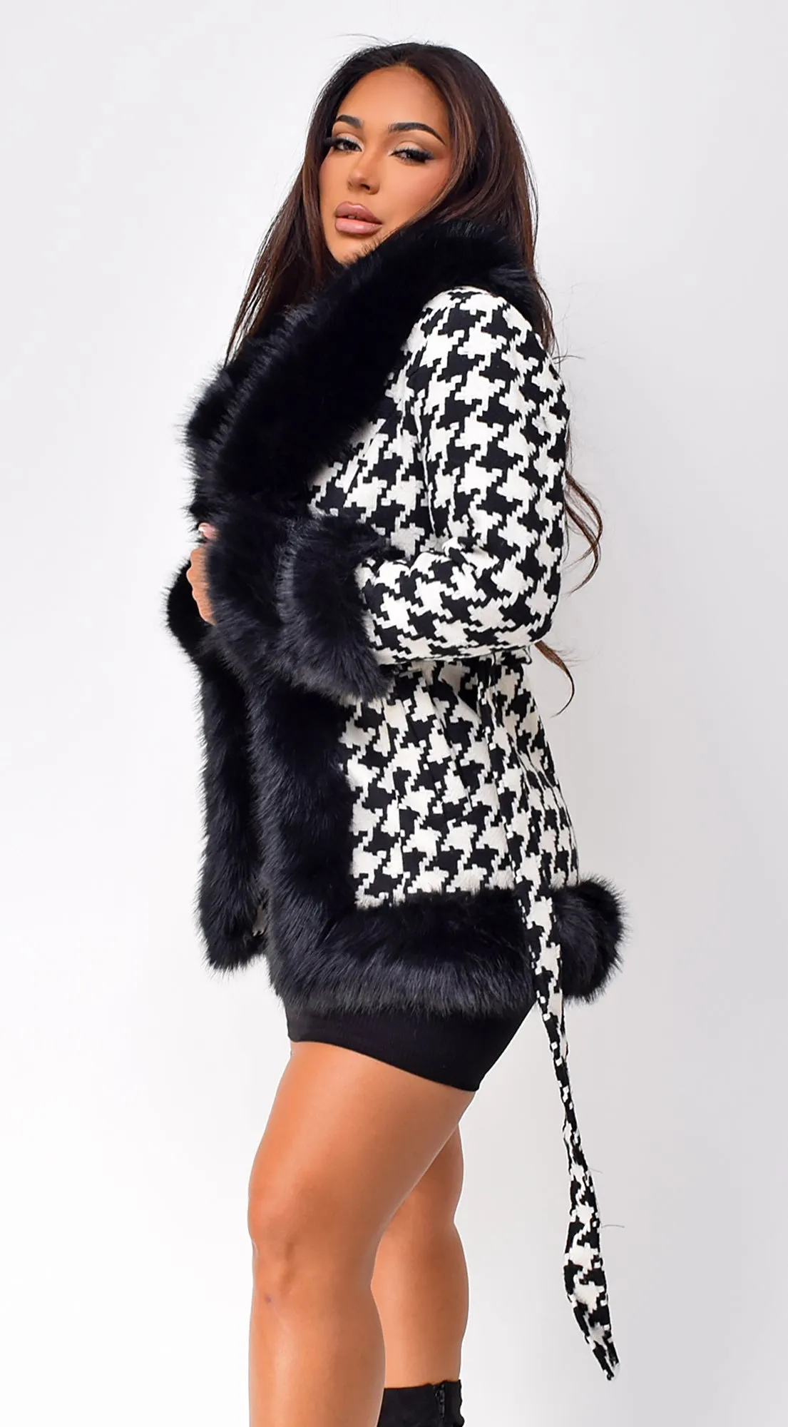 Korinna Houndstooth Faux Fur Coat - Black sold by Emprada product image thumbnail 4