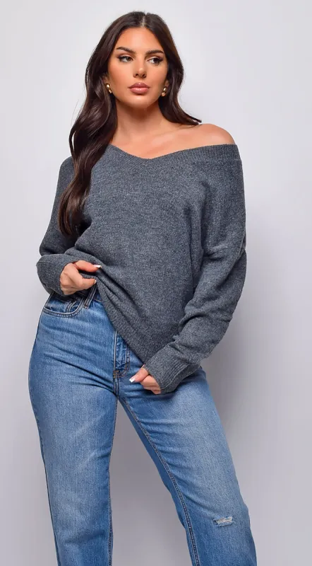 Remy V Neck Drop Shoulder Sweater Top - Gray sold by Emprada