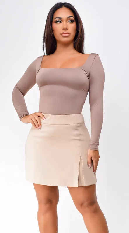 Jona Square Neck Long Sleeve Bodysuit - Taupe sold by Emprada