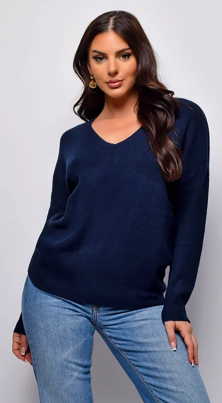 Remy V Neck Drop Shoulder Sweater Top - Blue sold by Emprada