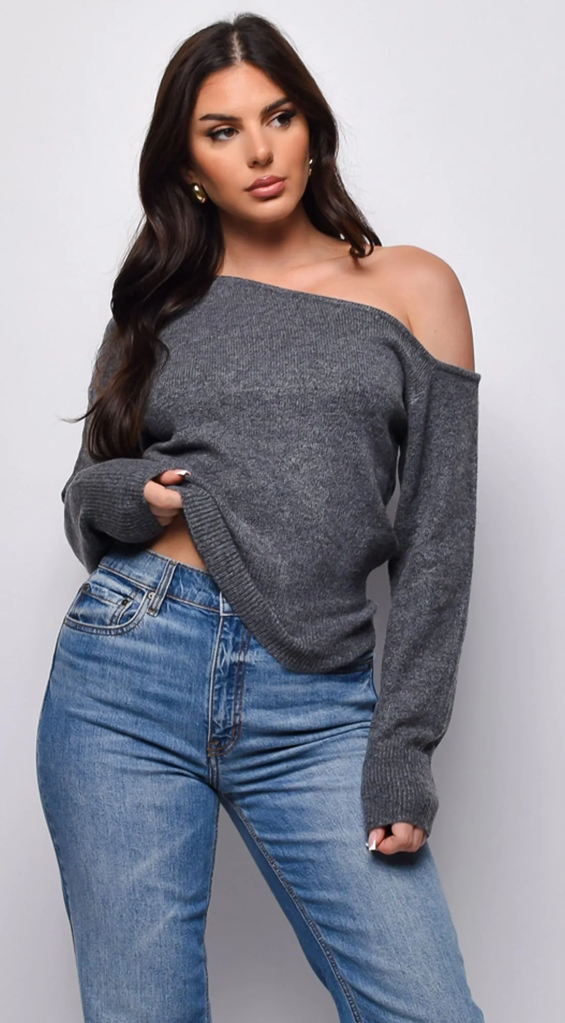 Vesper Off Shoulder Sweater - Gray sold by Emprada