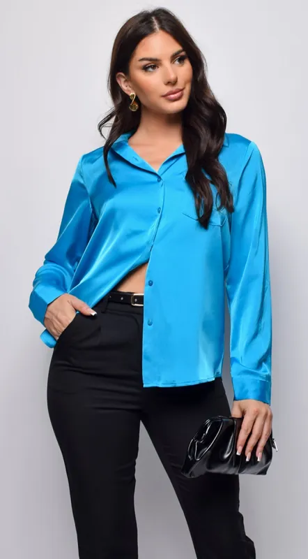 Blerina Button Down Satin Shirt - Blue sold by Emprada