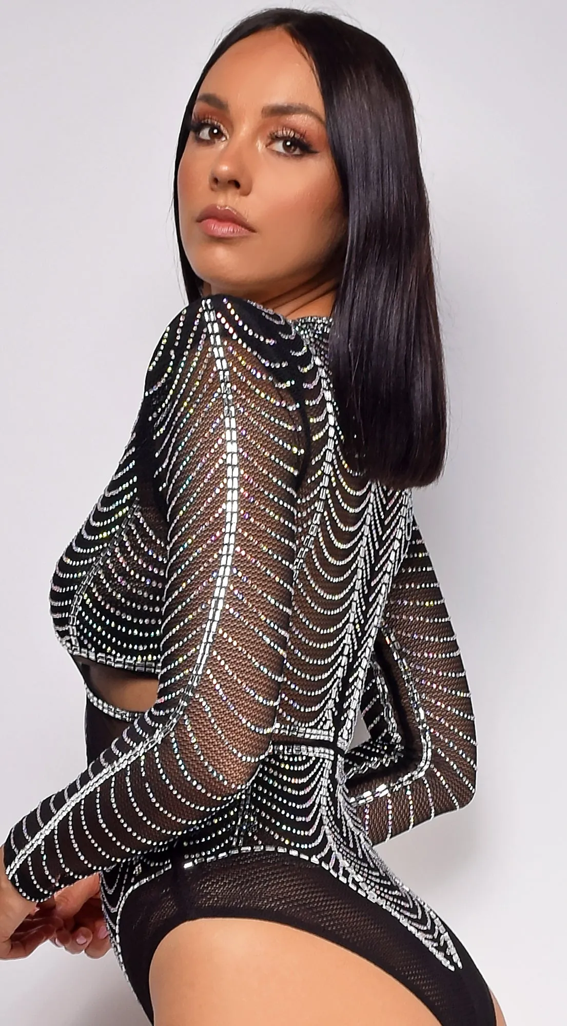 Yesly Black Rhinestone Mesh Long Sleeve Bodysuit sold by Emprada product image thumbnail 4