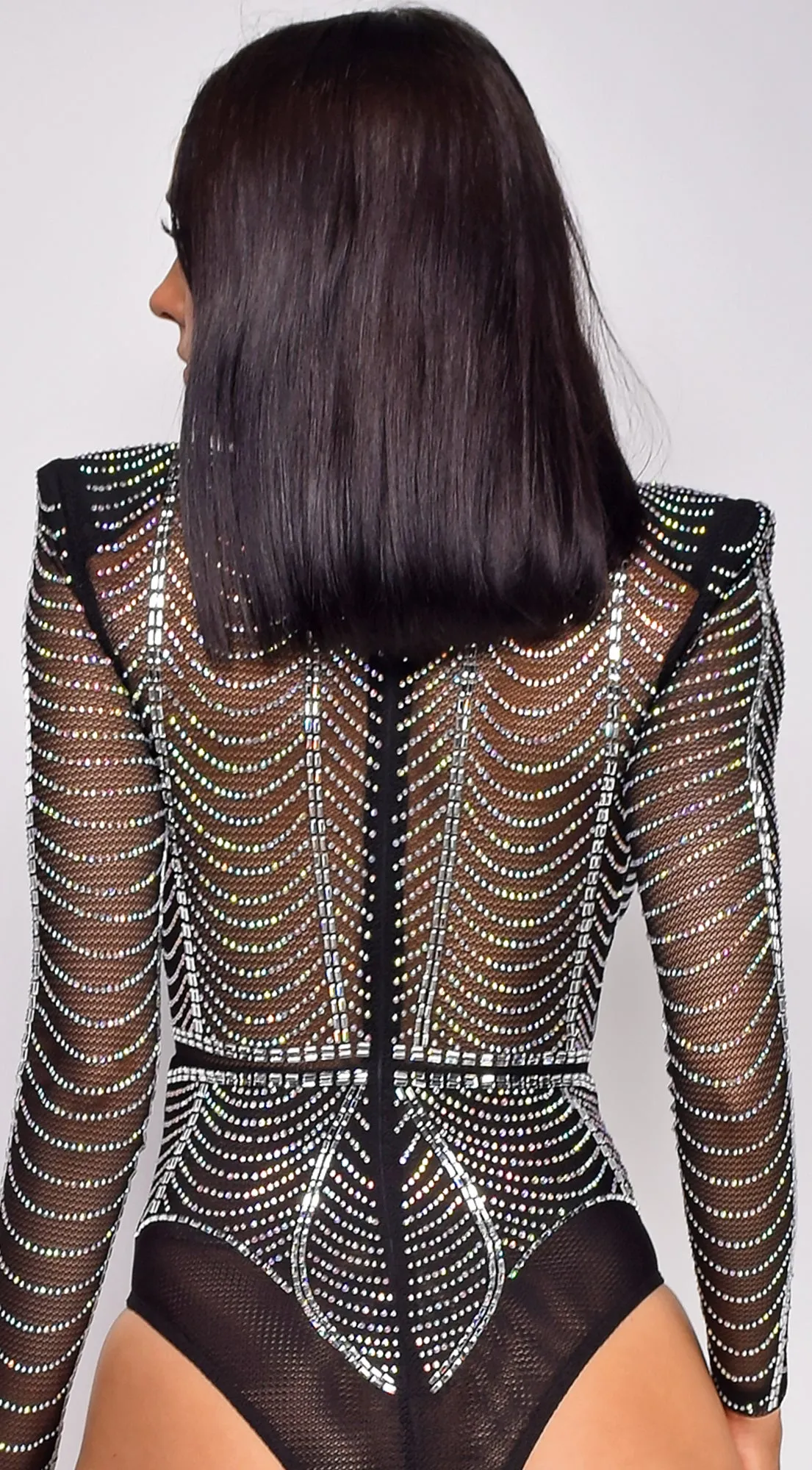 Yesly Black Rhinestone Mesh Long Sleeve Bodysuit sold by Emprada product image thumbnail 5