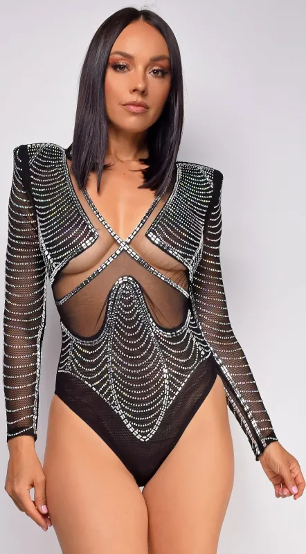 Yesly Black Rhinestone Mesh Long Sleeve Bodysuit sold by Emprada