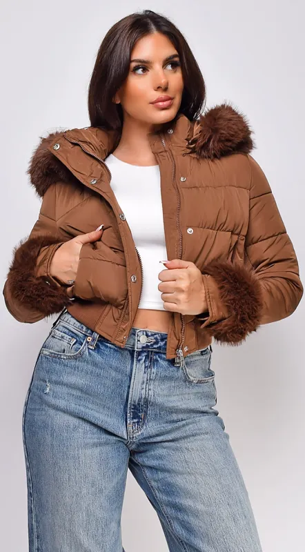 Tawny Puffer Faux Fur Jacket - Brown sold by Emprada